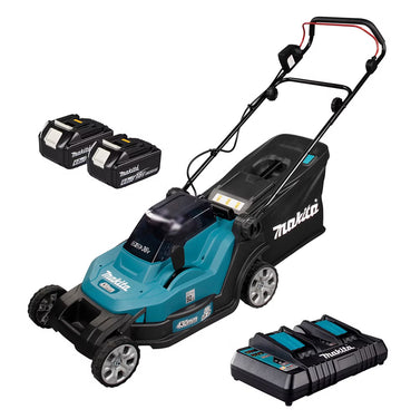Makita DLM 432 Akku-Rasenmäher mit 2 x Akku 6 Ah und Doppelladegerät DC18RD